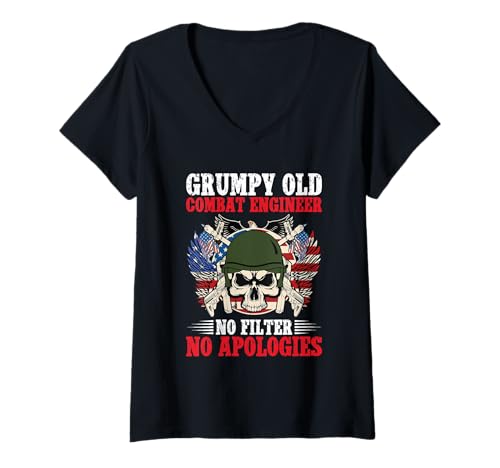 Damen Veterans Day US Army Soldat Grumpy Combat Engineer T-Shirt mit V-Ausschnitt von Combat Engineer Costume For Corps Of Engineers