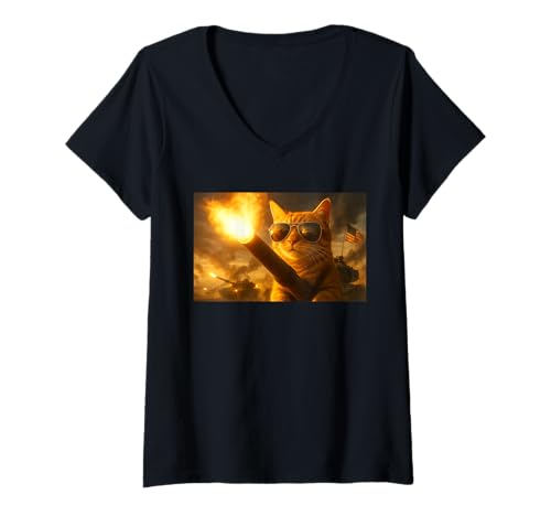 Damen Combat Cat On Tank Barrel Patriotic Gun Rights – Pro Gun T-Shirt mit V-Ausschnitt Damen Combat Cat On Tank Barrel Patriotic Gun Rights – Pro Gun T-Shirt mit V-Ausschnitt von Combat Selfie Paws