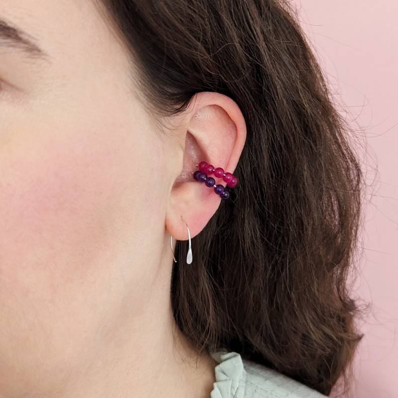 Ansteck Piercing Mit Jadeperlen, Ohrklemme Offener Kreis Violett Jade, Fake Conch Silber, Ohrringe Zum Anstecken von CombinedColours