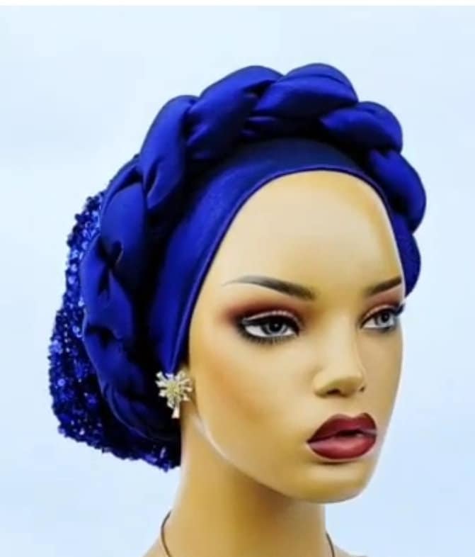 Turban-Reihenmütze, Frauen-Hut, Pre-Tied Kopftuch, Reihen Blauer Turban, Gedrehter Kopfschmuck, Blaues Headwrap, Chemo Hut, Alopecia Cap von Comcreative