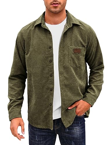 Comdecevis Herren Cordhemd Langarm Gerippte Oberteile Button Down Arbeitshemd Jacke mit Brusttasche, A Green, 3X-Groß von Comdecevis
