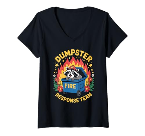 Damen Lustiger Müllcontainer Feuer Spruch Humorvoll Waschbär Chaos Damen Herren T-Shirt mit V-Ausschnitt von Comedy Animal Firefighter Meme Trash Can Joke