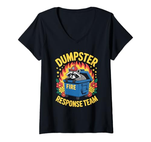 Damen Lustiger Müllcontainer Feuer Spruch Humorvoll Waschbär Chaos Damen Herren T-Shirt mit V-Ausschnitt von Comedy Animal Firefighter Meme Trash Can Joke
