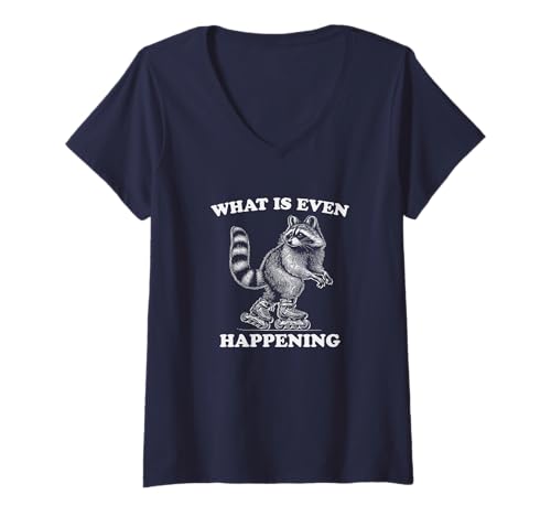 Damen Lustiger verwirrter Waschbär Rollschuhlaufen, was passiert überhaupt? T-Shirt mit V-Ausschnitt von Comedy Humor Drama Laugh