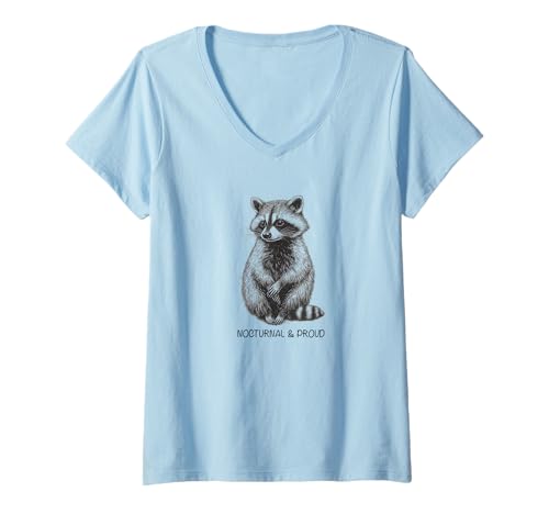 Damen Nocturnal & Proud, entzückender Waschbär-Sketch, Night Owl Energy T-Shirt mit V-Ausschnitt von Comedy Humor Drama Laugh