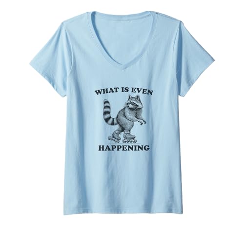 Damen Was passiert überhaupt, Lustiges verwirrtes Waschbär-Rollerskating T-Shirt mit V-Ausschnitt von Comedy Humor Drama Laugh