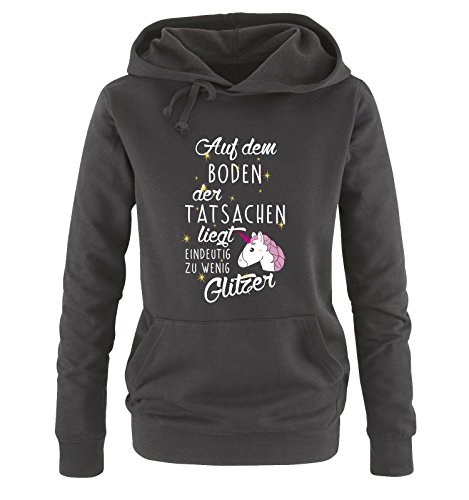 Comedy Shirts Auf dem Boden der Tatsachen liegt eindeutig zu wenig Glitzer - Einhorn - Damen Hoodie - Schwarz/Weiss-Pink-Rosa-Gold Gr. L von Comedy Shirts