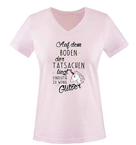 Auf dem Boden der Tatsachen liegt eindeutig zu wenig Glitzer - Einhorn - Damen V-Neck T-Shirt - Rosa/Schwarz-Weiss-Pink-Gold Gr. L von Comedy Shirts