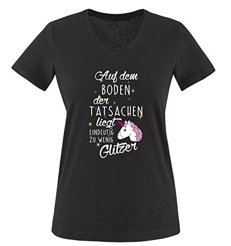 Auf dem Boden der Tatsachen liegt eindeutig zu wenig Glitzer - Einhorn - Damen V-Neck T-Shirt - Schwarz/Weiss-Pink-Rosa-Gold Gr. XXL von Comedy Shirts