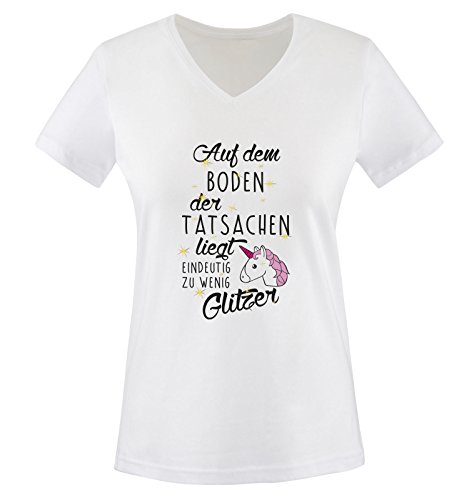 Auf dem Boden der Tatsachen liegt eindeutig zu wenig Glitzer - Einhorn - Damen V-Neck T-Shirt - Weiss/Schwarz-Pink-Rosa-Gold Gr. XL von Comedy Shirts