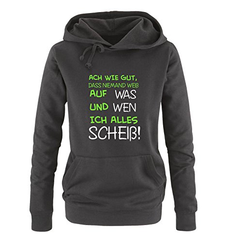 Comedy Shirts ACH wie gut, DASS niemand weiß, auf was und Wen ich Alles scheiß! - Damen Hoodie - Schwarz/Weiss-Neongrün Gr. M von Comedy Shirts