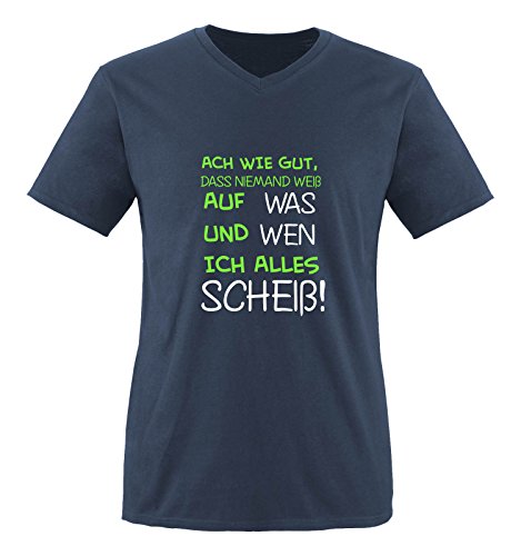 Comedy Shirts - ACH wie gut, DASS niemand weiß, auf was und Wen ich Alles scheiß! - Herren V-Neck T-Shirt - Navy/Weiss-Neongrün Gr. XXL von Comedy Shirts