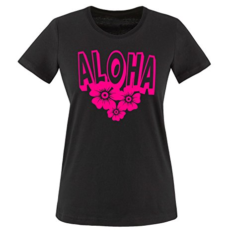 Comedy Shirts - Aloha - Blumen - Damen T-Shirt - Schwarz/Pink Gr. XL von Comedy Shirts