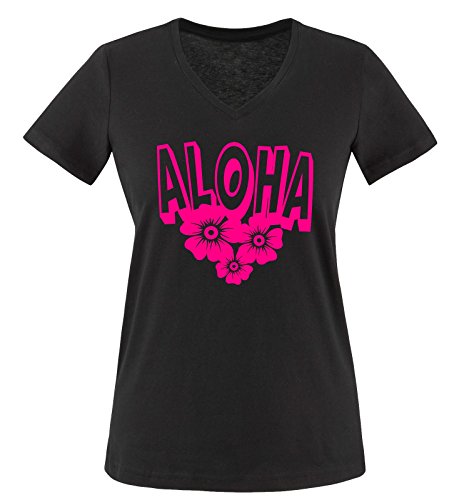 Comedy Shirts - Aloha - Blumen - Damen V-Neck T-Shirt - Schwarz/Pink Gr. L von Comedy Shirts