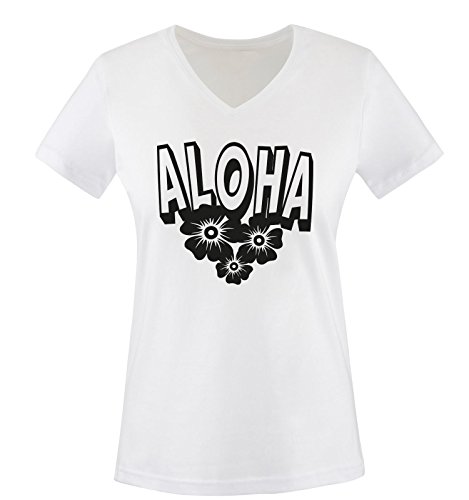 Comedy Shirts - Aloha - Blumen - Damen V-Neck T-Shirt - Weiss/Schwarz Gr. L von Comedy Shirts