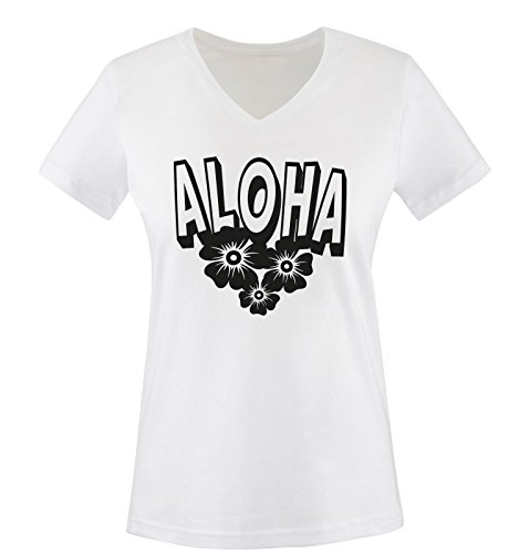 Comedy Shirts - Aloha - Blumen - Damen V-Neck T-Shirt - Weiss/Schwarz Gr. M von Comedy Shirts