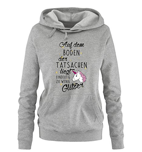 Comedy Shirts Auf dem Boden der Tatsachen liegt eindeutig zu wenig Glitzer - Einhorn - Damen Hoodie - Grau/Schwarz-Weiss-Pink-Rosa-Gold Gr. M von Comedy Shirts