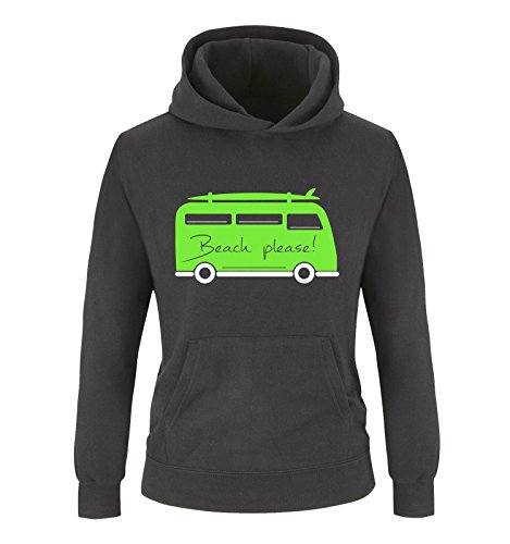 Comedy Shirts - Beach Please! - Bus - Jungen Hoodie - Schwarz/Weiss-Neongrün Gr. 140 von Comedy Shirts