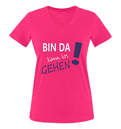 Comedy Shirts - Bin da kann los gehen! - Damen V-Neck T-Shirt - Pink/Weiss-Lila Gr. S von Comedy Shirts