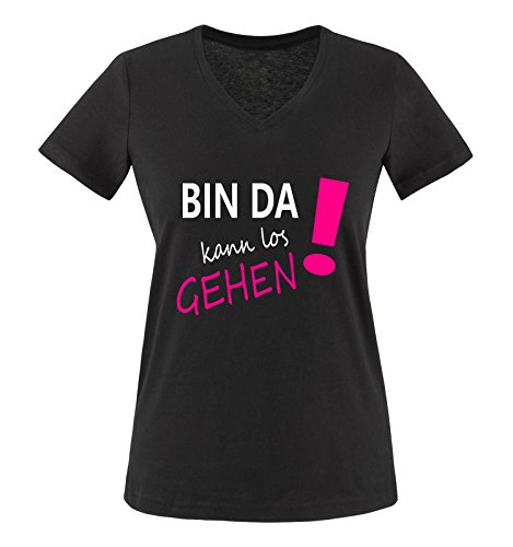 Comedy Shirts - Bin da kann los gehen! - Damen V-Neck T-Shirt - Schwarz/Weiss-Pink Gr. M von Comedy Shirts