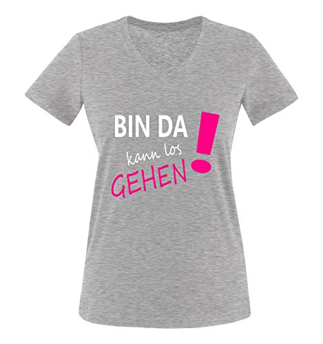 Comedy Shirts - Bin da kann los gehen! - Damen V-Neck T-Shirt - Graumeliert/Weiss-Pink Gr. M von Comedy Shirts