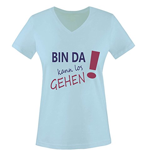 Comedy Shirts - Bin da kann los gehen! - Damen V-Neck T-Shirt - Hellblau/Lila-Fuchsia Gr. L von Comedy Shirts