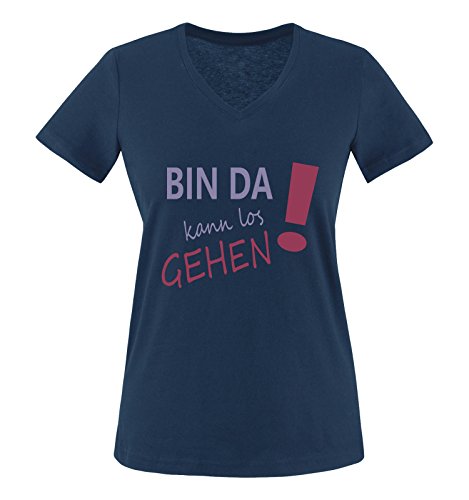 Comedy Shirts - Bin da kann los gehen! - Damen V-Neck T-Shirt - Navy/Violet-Fuchsia Gr. L von Comedy Shirts