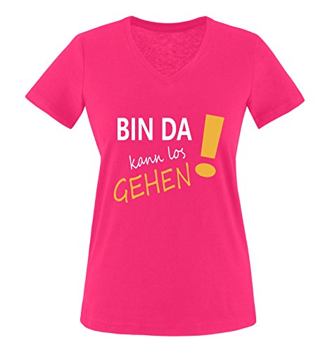 Comedy Shirts - Bin da kann los gehen! - Damen V-Neck T-Shirt - Pink/Weiss-Gelb Gr. XL von Comedy Shirts