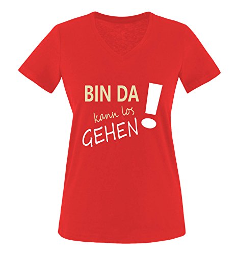 Comedy Shirts - Bin da kann los gehen! - Damen V-Neck T-Shirt - Rot/Beige-Weiss Gr. M von Comedy Shirts