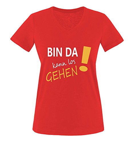 Comedy Shirts - Bin da kann los gehen! - Damen V-Neck T-Shirt - Rot/Weiss-Gelb Gr. XL von Comedy Shirts