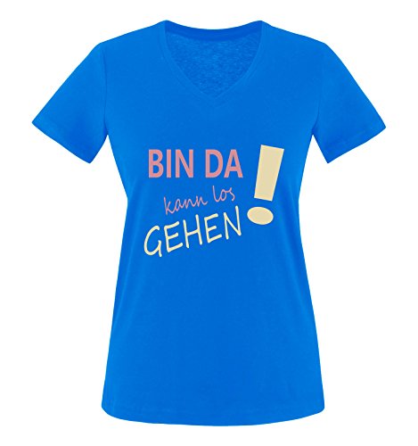 Comedy Shirts - Bin da kann los gehen! - Damen V-Neck T-Shirt - Royalblau/Rosa-Beige Gr. L von Comedy Shirts