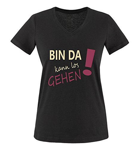 Comedy Shirts - Bin da kann los gehen! - Damen V-Neck T-Shirt - Schwarz/Beige-Fuchsia Gr. L von Comedy Shirts