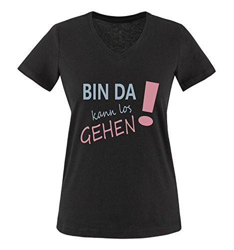 Comedy Shirts - Bin da kann los gehen! - Damen V-Neck T-Shirt - Schwarz/Eisblau-Rosa Gr. L von Comedy Shirts