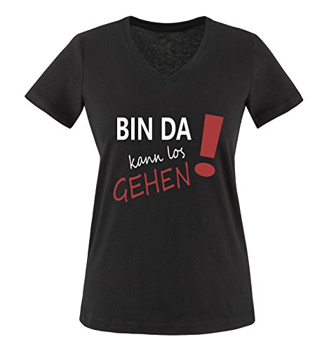 Comedy Shirts - Bin da kann los gehen! - Damen V-Neck T-Shirt - Schwarz/Weiss-Rot Gr. L von Comedy Shirts