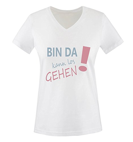 Comedy Shirts - Bin da kann los gehen! - Damen V-Neck T-Shirt - Weiss/Eisblau-Rosa Gr. M von Comedy Shirts