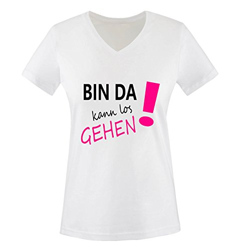 Comedy Shirts - Bin da kann los gehen! - Damen V-Neck T-Shirt - Weiss/Schwarz-Pink Gr. S von Comedy Shirts