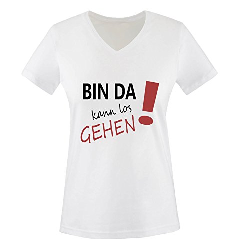 Comedy Shirts - Bin da kann los gehen! - Damen V-Neck T-Shirt - Weiss/Schwarz-Rot Gr. S von Comedy Shirts