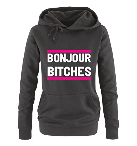 Comedy Shirts Bonjour Bitches - Damen Hoodie - Schwarz/Weiss-Pink Gr. L von Comedy Shirts