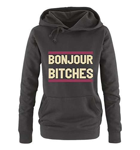 Comedy Shirts Bonjour Bitches - Damen Hoodie - Schwarz/Beige-Fuchsia Gr. L von Comedy Shirts