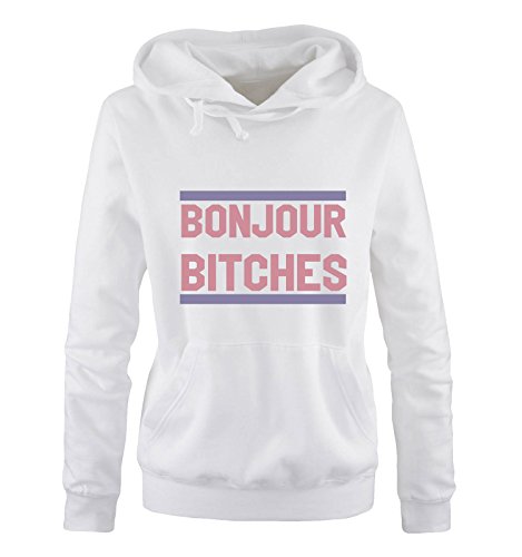 Comedy Shirts Bonjour Bitches - Damen Hoodie - Weiss/Rosa-Violett Gr. XL von Comedy Shirts