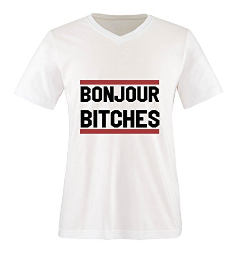 Comedy Shirts - Bonjour Bitches - Herren V-Neck T-Shirt - Weiss/Schwarz-Rot Gr. M von Comedy Shirts