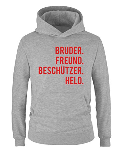 Comedy Shirts - Bruder. Freund. Beschützer. Held. - Jungen Hoodie - Grau/Rot Gr. 134/146 von Comedy Shirts