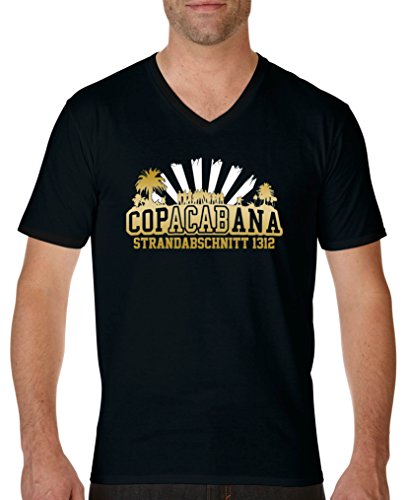 Comedy Shirts - Copacabana Strandabschnitt 1312 - Herren V-Neck T-Shirt - Schwarz/Gold-Weiss Gr. S von Comedy Shirts