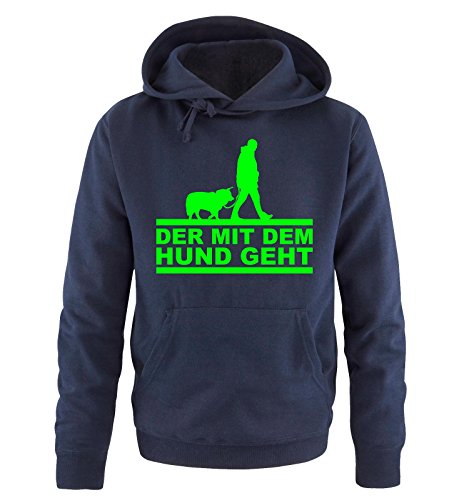 Comedy Shirts Der mit dem Hund geht - Herren Hoodie - Navy/Neongrün Gr. S von Comedy Shirts