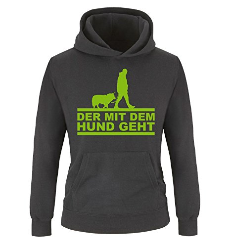 Comedy Shirts Der mit dem Hund geht - Kinder Hoodie - Schwarz/Grün Gr. 152/164 von Comedy Shirts