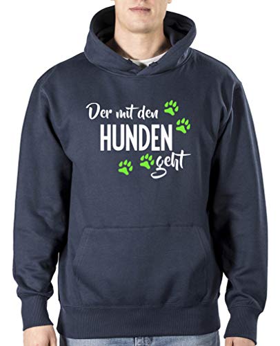 Comedy Shirts Der mit den Hunden geht - Herren Hoodie - Navy/Weiss-Neongrün Gr. L von Comedy Shirts