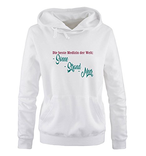 Comedy Shirts Die Beste Medizin der Welt: Sonne, Strand, Meer - Damen Hoodie - Weiss/Fuchsia-Türkis Gr. XL von Comedy Shirts