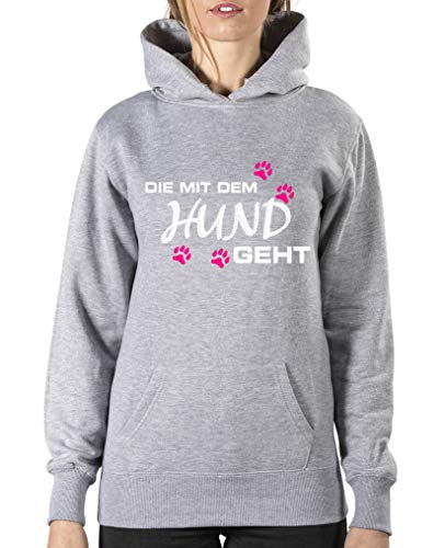 Comedy Shirts Die mit dem Hund geht - Style2 - Damen Hoodie - Grau/Weiss-Pink Gr. L von Comedy Shirts