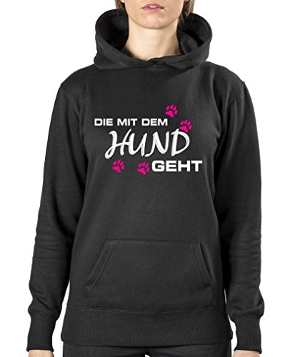 Comedy Shirts Die mit dem Hund geht - Style2 - Damen Hoodie - Schwarz/Weiss-Pink Gr. XL von Comedy Shirts