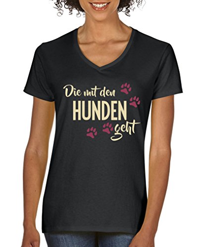 Comedy Shirts - Die mit den Hunden geht - Damen V-Neck T-Shirt - Schwarz/Beige-Fuchsia Gr. XL von Comedy Shirts